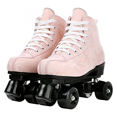 KALINU Unisex Roller Skates PU Leather High-top Roller Skates Four-Wheel Roller Skates with Carry Bag for Beginners Boys and Girls (Pink camouflage with black wheel,37) Cover