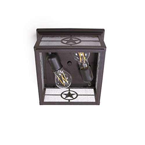 Coramdeo Country Star Square 2 Light Ceiling Mount Farmhouse Fixture, Indoor Or Outdoor, Two Standard Sockets, Open Bottom, Damp Location, Rust Finish With Seedy Glass #TOP4