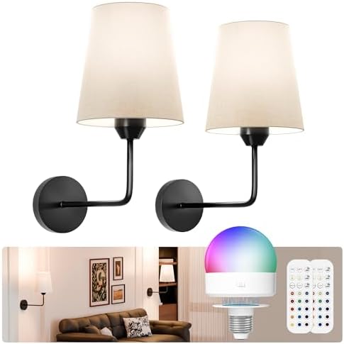 Wireless Wall Sconces Set of 2 Battery Operated, Black Wall Light...