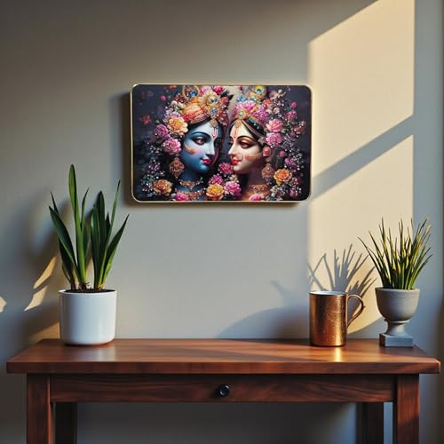Image of Masstone Spritual Painting Radha Krishna Crystal Embedded Big Frame for Home Decor | Premium Gloss Finish | Gold Slim Frame Wall Art | Ready to Hang (1218-CRG03)