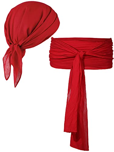 Bencailor 2 Pieces Women Pirate Costume Rave Accessories Pirate Hat Head Scarf Bandana Sash Belt for Women Men Cosplay Party(Medium Red)