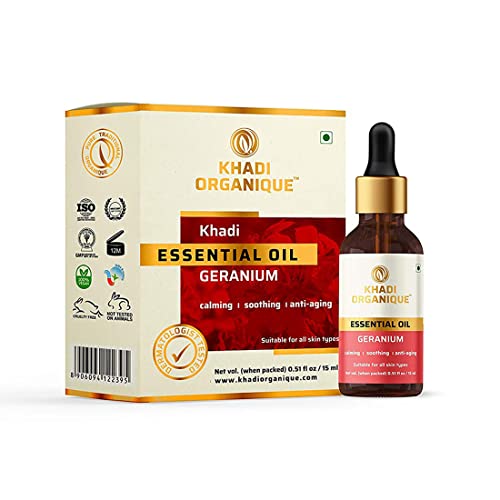 Image of Khadi Organique Pure Geranium Essential Oil for Massage, Relaxation & Aromatherapy | Natural Floral Oil for Diffusers, Meditation, Skin & Hair Care | Helps to Reduce Acne, Dandruff & Stress | 15ml