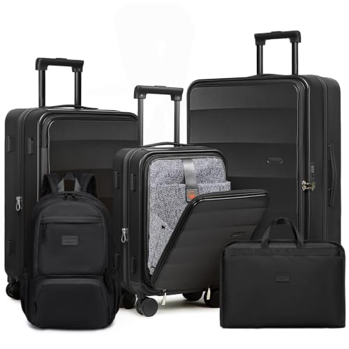 Image of Joyway Expandable 5 Piece Luggage Sets with Front Pocket, Black | Top Opening Suitcase, Laptop Compartment, Silent Spinning Wheels, Includes Backpack & Bag, Great For Family Travel