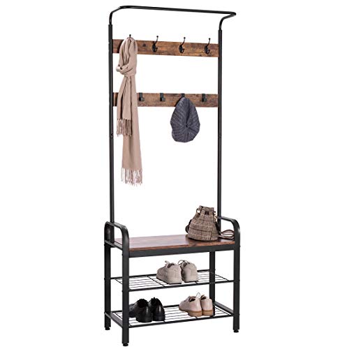 VIVOHOME 3-in-1 Entryway Hall Tree, Industrial Stand Coat Rack with Storage Bench, Wood