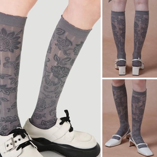 Women's Retro Casual Floral Hollow Knee High Socks Vintage Chic Calf Socks with Breathable Cutout Design - Image 4