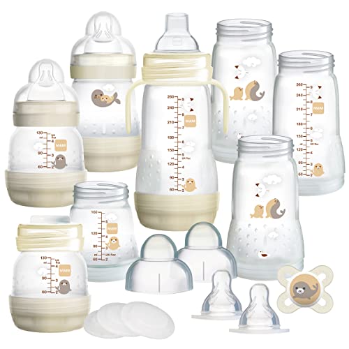 MAM Easy Start Kit de débutants anti-coliques - Biberons auto-stérilisant avec tétines et accessoires pour nouveau-né - blanc (les motifs peuvent varier)