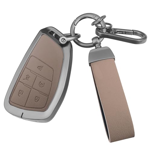 FT FUNTOR for Chevrolet Tahoe Metal Key Fob Cover PU Leather Zinc Alloy Key Case Protector for GMC Yukon Denali Sierra 2021-2025 for Chevy Silverado Suburban Tahoe 2022-2024 (Brown 5 Button)
