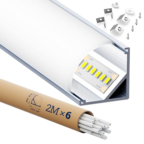 HOOLED Profile Alu pour Ruban LED à Angle de 90 degrés 2 m x 6 pièces, Profilé Aluminium LED avec couvercle satiné,Tailles 15,8 mm x 15,8 mm,Prend en charge les bandes de jusqu'à 10 mm de large