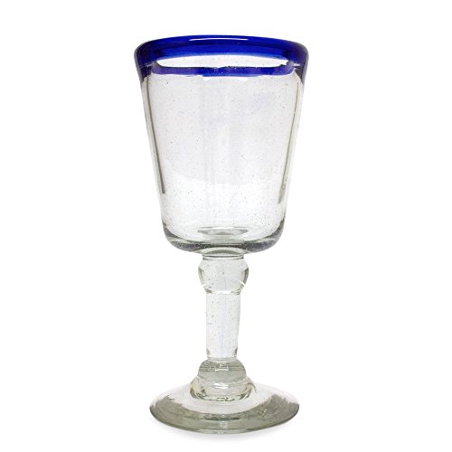 Novica Hand Blown Clear Cobalt Blue Rim Recycled Glass Wine Glasses, 8 Oz 'Chardonnay' (Set Of 6) #TOP2