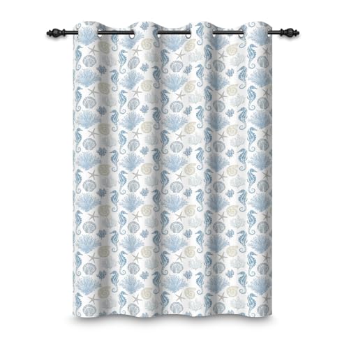 ggaimwf 107x160cm Cortina con Ojales de Dibujos Animados náuticos Océano Caballito de mar Coral Playa Vida Marina Opacos Cortinas para Ventanas Dormitorio Infantil Sala de Estar,1 Panel Individual