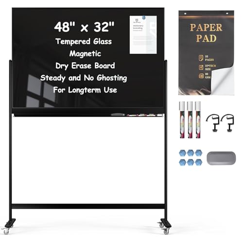 Image of TSJ-OFFICE Rolling Glass Whiteboard on Wheels - 48 inch x 32 inch Magnetic Mobile Dry Erase Board with Stand, Large Rolling White Board with 25 Sheets Paper Pad, Transparent Tempered Glass Board Office, Home