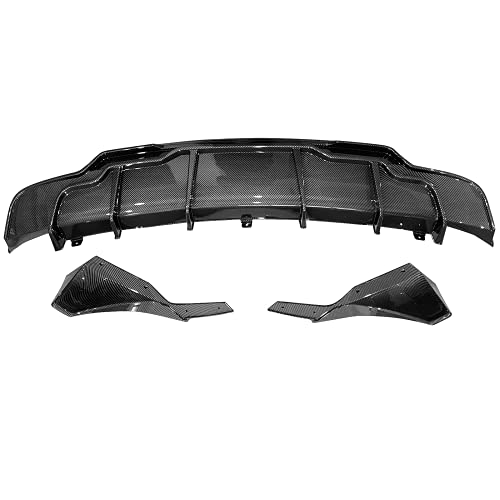 FREEMOTOR802 Rear Diffuser with Side Aprons, Compatible with 2017-2023 Tesla Model 3, IKON Style Carbon Fiber Print PP & ABS 3PCS Rear Bumper Molding Lip Spoiler & Corner Aprons Pair