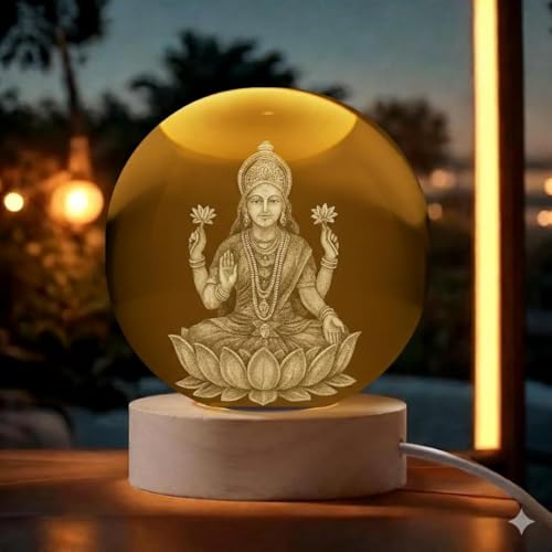 Image of 3D Crystal Ball Night Lamp - Engraved Goddess Lakshmi LED Light, USB-Powered Table Lamp with Wooden Base, Elegant Home & Office Decor, Bedroom, Anniversary, Birthday Gift (Warm White)