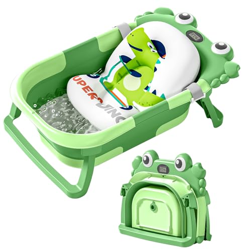 Image of Collapsible Baby Bathtub for Newborns with Thermometer and Soft Floating Cushion Portable and Foldable Travel Baby Bath Tub for Infants to Toddler 0-36 Month(Dark Green)