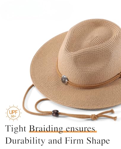 Image of Home Prefer UPF50+ Men's Wide Brim Straw Fedora Sun Hat with Badge Lanyard