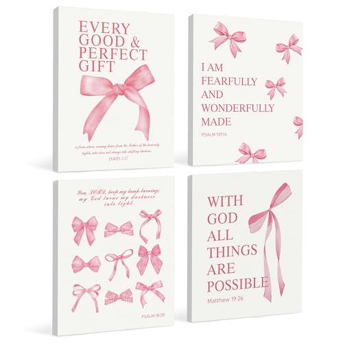 LARTSFRO Coquette Pink Bow Canvas Wall Art Decor Prints Posters, Pink Bow Room Bedroom Bathroom Dorm Wall Art Decor Aesthetic for College Teen Girls Gifts, Inspirational Bible Verses Bow Wall Decor, 11x14 Inch Set of 4 Pcs Bow Pictures (Canvas Framed 11X14)