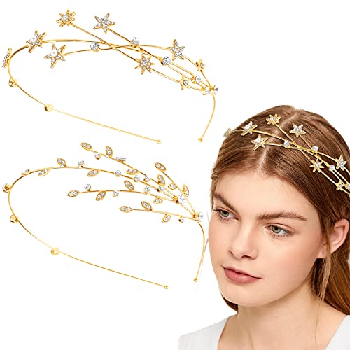 Aswewamt 2 Pcs Gold Rhinestone Alloy Five-Pointed Star Headbands Bridal Hair Hoop Decorative Headpiece Wedding Hair Accessories Ornaments For Elegant Women Girls #TOP4