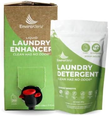 EnviroKlenz Laundry Powder Detergent, Removes odors and stains, Natural Mineral Technology, Non-toxic, Unscented (400g) with EnviroKlenz Liquid Laundry Enhancer, 20 loads