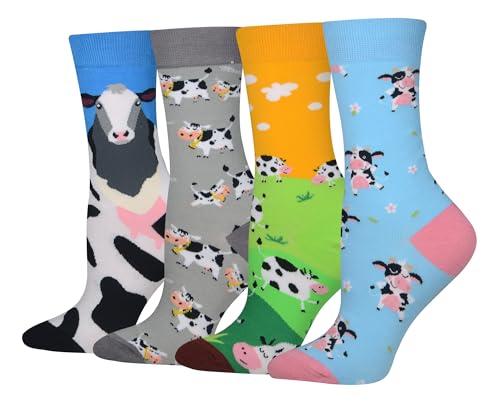 Cansok Regalos para calcetines de Vaca Lechera Ganado Lechero Bovino animal becerro la tripulación la novedad de mujer calcetines 4 pares