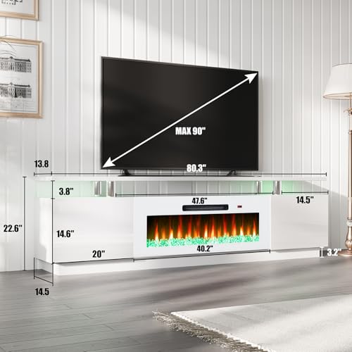Image of AMERLIFE 80 inch High-Gloss Fireplace TV Stand with 40 inch Electric Fireplace | White LED TV Console, Modern Living Room Entertainment Center, Fits TVs up to 90 inch, 2 Cabinets, 2-Tier Storage Space