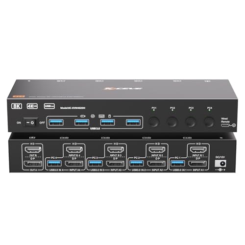 Image of KVM Switch 2 Monitors 4 Computers, HDMI + DisplayPort KVM Switcher Support 8K@30Hz /4k@144Hz for 4 PC Share 2 Display and 4 USB 3.0 Devices