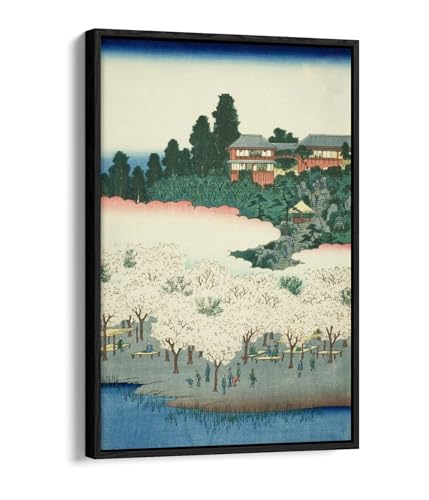 Toile Hiroshige pavillon de fleurs cadre noir flottant 50x75 cm