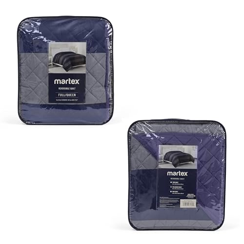 Image of Martex Reversible Coverlet, Full Queen, Rugby Stripe /Navy | Lightweight, Durable, Soft, Easy Care, Reversible