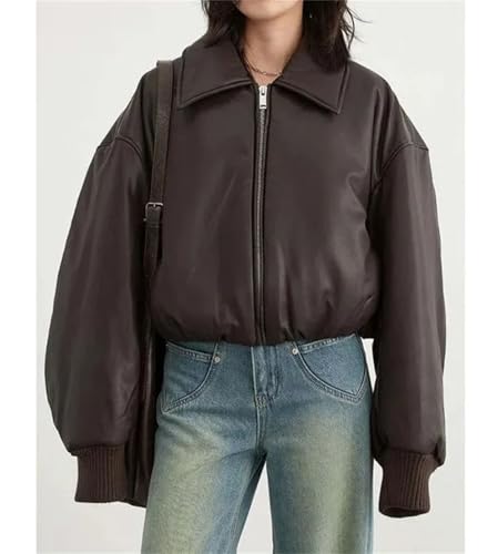 Women's Retro Lapel Zipper Spliced ​​Leather Jacket Large Long Sleeve Double Pocket Jacket Street Jacket2