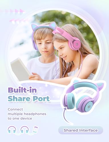 Image of iClever Kids Headphones for Girls Gift Over Ear Headphones, Wired Cat Ear Led Light Up Children Headphone, 85dB Volume Limited Foldable Earphones for Kids School, Travel, Music