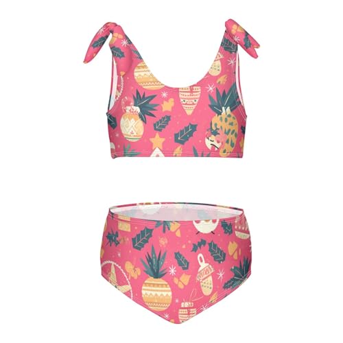 KLL Cute Cartoon Character and Christmas Elements Pink Girls 2 Pieces Bikini Sets Quick-Dry Swimsuit Swimming Suits Cute