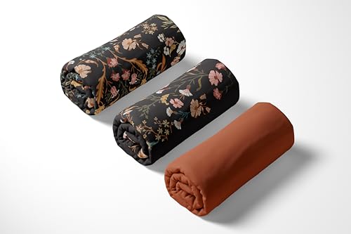 Image of Sweet Jojo Designs 3-Piece Baby Crib Sheets Set (Black Boho Wildflower Vintage Floral) for Girls, Infant Nursery, Toddler Room - Fitted, Standard Size (Solid Rust Orange & Bohemian, Farmhouse, Leaves)