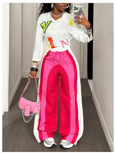 GORGLITTER Women's Colorful Oversized Baggy Pants Y2K Drawstring Waist Wide Leg Striped Streetwear Trousers4