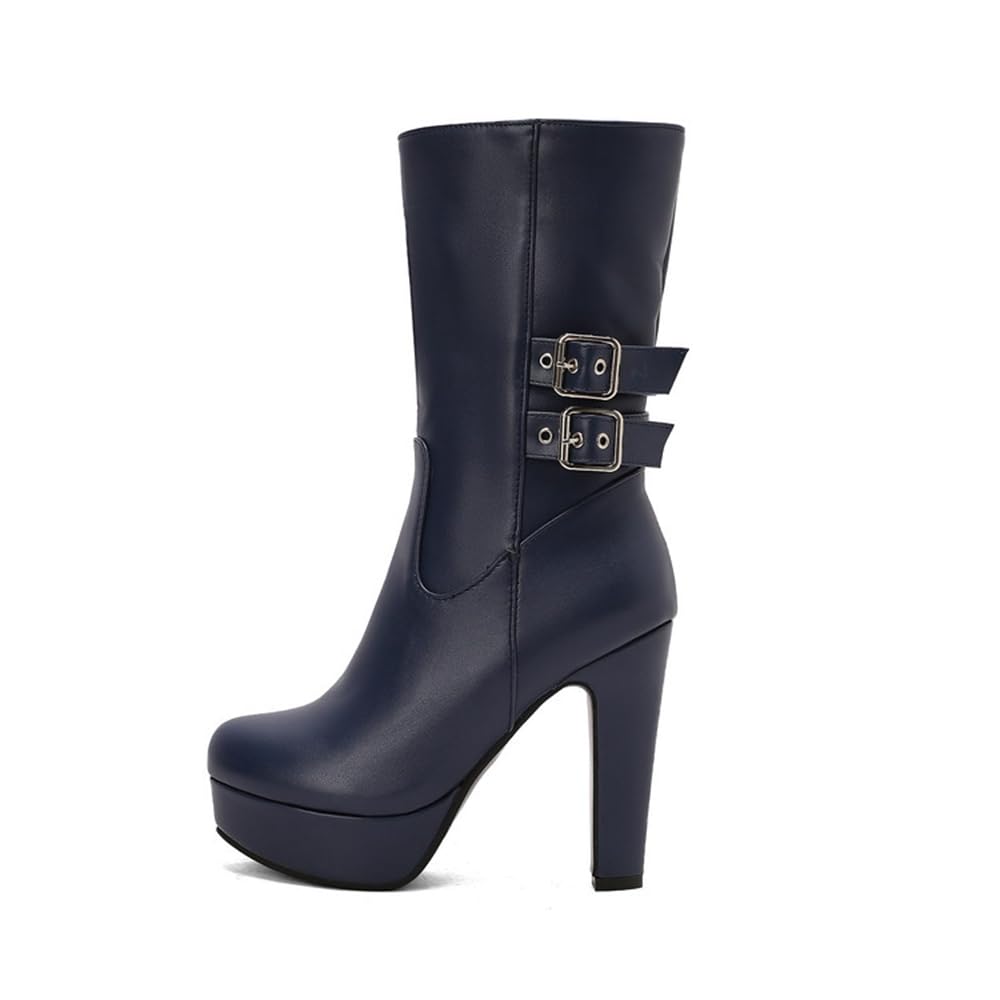 Knee High Boots Womens Extra Wide Calf Fashion Round Toe High Heels Belt Buckle Pull on Winter Platfrom