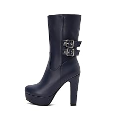 Knee High Boots Womens Extra Wide Calf Fashion Round Toe High Heels Belt Buckle Pull on Winter Platfrom