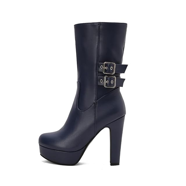 Knee High Boots Womens Extra Wide Calf Fashion Round Toe High Heels Belt Buckle Pull on Winter Platfrom