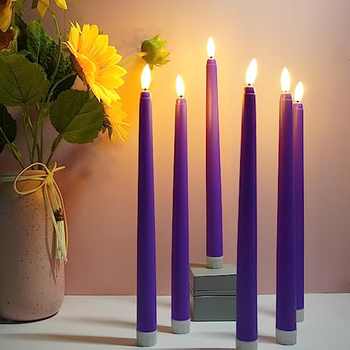 Purple Christmas Flameless Taper Candles with Remote, Flickering Holiday Battery LED Candlesticks Set of 6