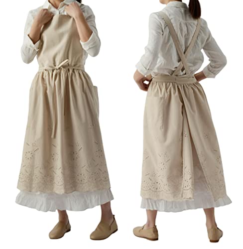 Talibsa Pinafore Apron Dress，Japanese Cotton Linen Cross Back Apron For Women With Pockets，Pinafore Dress With Waist Ties (Beige) #TOP4