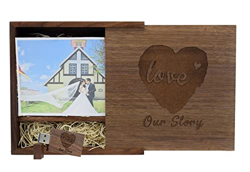 64GB Wooden USB Stick with Box, Engraved Wedding USB 3.0 Flash Drive, ‘Our Story’ Memory Stick in Presentation Box
