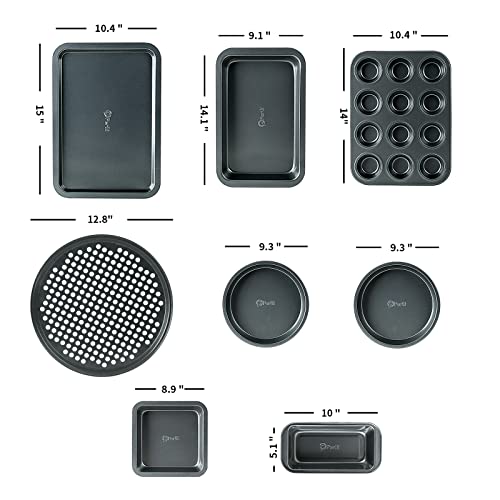 Baking Pan 8 Piece Set Nonstick Carbon Steel Gray Oven Safe Bakeware Kitchen Set, Cookie Sheet, 2 Round Cake Pans, Square Pan, Loaf Pan, Deep Dish Pan, Pizza Crisper, & 12 Cup Muffin Pan By Perlli #TOP3