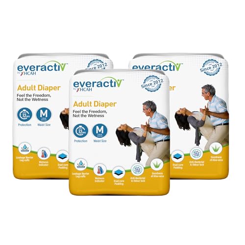 Image of Everactiv Adult Diaper Medium Size M Leakproof for Waist 28-45 inch with 10 hr Absorption Protection and Wetness Indicator, Unisex with Goodness of Aloe Vera, 30 Units, Pack of 3