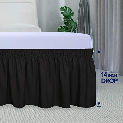 PureFit Wrap Around Ruffled Bed Skirt with Adjustable Elastic Belt - 14 Inch Drop Easy to Put On, Wrinkle Free Bedskirt Dust Ruffles, Bed Frame Cover for Queen, King and C-King Size Beds, Black