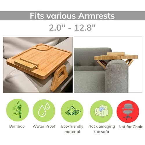GIONG Large Sofa Armrest Tray Bamboo Sofa Tray Table Clip on Side Table for Wide Couch Foldable Couch with 360 Phone Holder (Natural, 15.8")