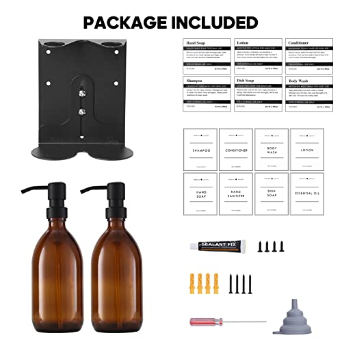 KUSVADO Glass Soap Dispenser Wall Mounted, No-Drill Wall Mounted Shower Soap Dispenser, Hand Soap Dispenser with Adjustable Stainless Steel Holder for Bathroom and Kitchen-(Black 2 Chamber)