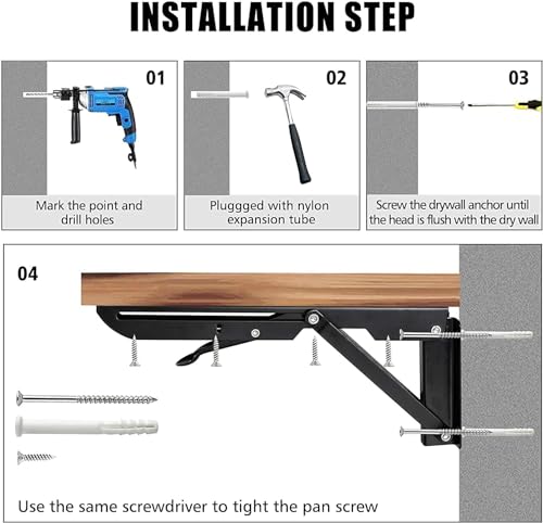 Image of Folding Shelf Bracket 20cm Heavy Duty Metal Wall-Mounted Collapsible Shelf Bracket Space-Saving - Black (20cm)