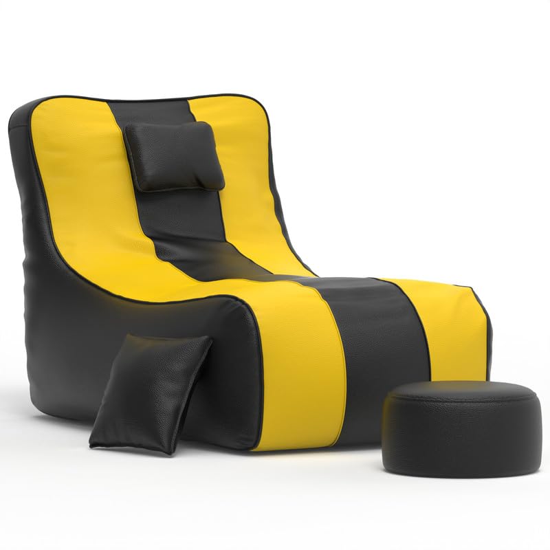 Image of Biggie Bean Bag with Beans Filled 6XL Zuno Lounger-Laziness Pro Max-Crafted for Comfort-Styled for Elegance with Free Cushion & Footrest (Matching Color : Leatherette Black Yellow)