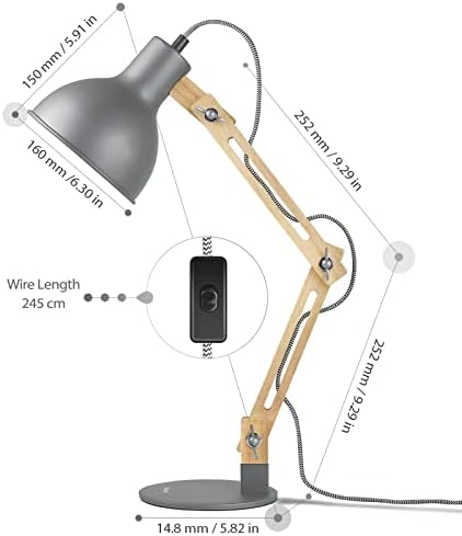 Tomons lampka LED do czytania w klasycznym wzornictwie drewnianym, lampa na biurko, szara, regulowana lampka stołowa, regulowane ramię, lampka nocna