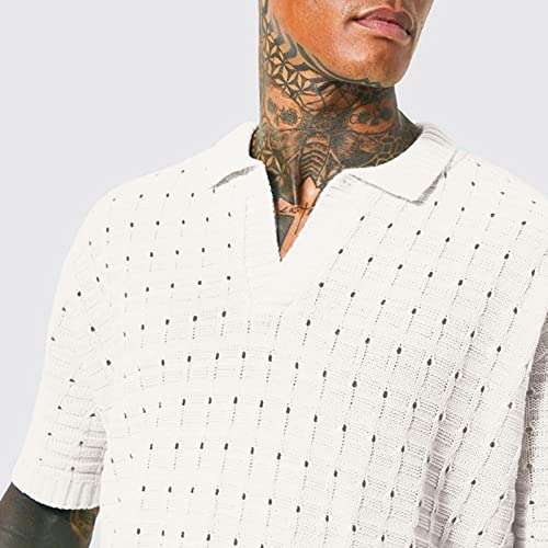 Camiseta masculina casual de tricô de manga curta com gola V, camiseta atlética para homens, Branco,