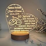 Generisch LED-Acryl-Nachtlicht zur Goldenen Hochzeit, personalisiert für 50 Jahre Ehe – Herzdesign mit Namen und Datum, Geschenk zur Goldhochzeit mit RGB-Licht in bunten Farben.