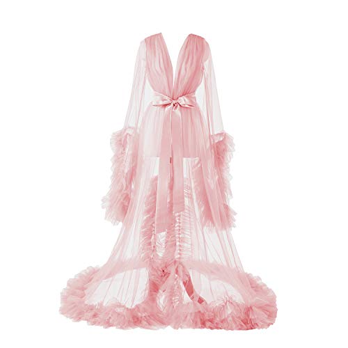 Sexy Tulle Bathrobe for Women Wedding Scarf Illusion Lingerie Long Maternity Photoshoot Nightgown Pink Wedding Robe