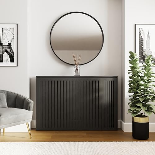 GFW Cooper Radiator Cover with Storage Shelves Modern Slatted Radiator Cabinet in Black